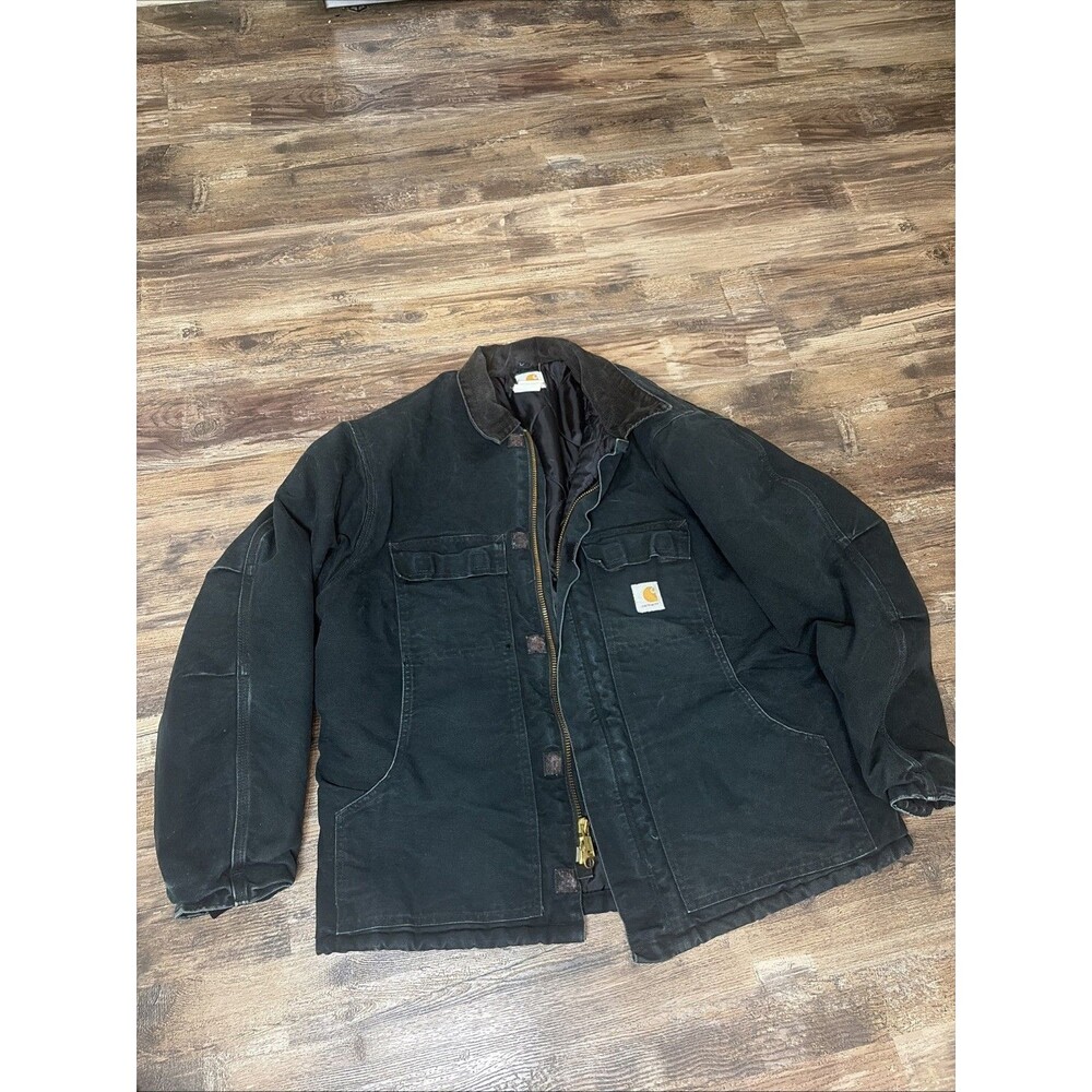 MENS CARHARTT CHORE JACKET BLACK BLANKET LINED CORDUROY COLLAR CANVAS XL reg CO3